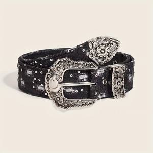 TEMU 여성용 아메리칸 스타일 매운한 파란색 청바지 벨트, 빈티지 꽃무늬 조각 개성 벨트, 다용도 학생 한국 버전 캐주얼 벨트