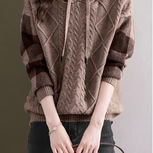 TEMU 여성용 베이지/브라운/블랙/화이트/그레이 컬러 블록 후드 스웨터 - 소프트 H-라인 실루엣 풀오버, 드로스트링 후드, 긴 소매 캐주얼 & 오피스 스웨터 재킷, 사계절 코지 스웨터 코트