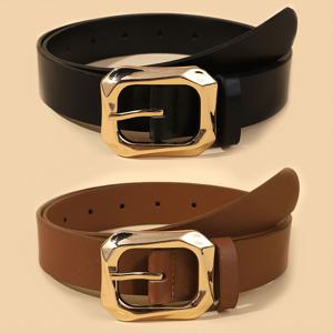 TEMU 여성용 PU 골드 버클 2개, 블랙 및 카멜 스트랩 포함, 드레스, 캐주얼 바지 및 청바지에 적합한 스타일리시하고 우아한 벨트
