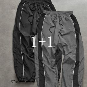 TEMU 2개 세트 남성용 스트레이트핏 카고 팬츠, 탄력 있는 허리밴드 & 화이트 파이핑 (레드/그레이) - 헤비듀티 루즈핏 스트레이트핏 팬츠, 스트레이트핏 와이프 가능한 대형 포켓 디자인, 논스트레치 캐주얼 웨어용 스트레이트핏 팬츠 (2개 세트)