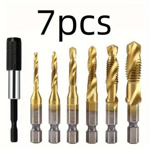 TEMU 7pcs 드릴 비트 및 나사산 공구 세트, 드릴링, 나사산, 홈 조각용 3-In-1 코팅 나사산 공구, 퀵 체인지 어댑터 포함, SAE/미터법.
