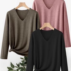 TEMU 여성용 V넥 긴팔 티셔츠 3종 세트 - 부드럽고 통기성 좋은 캐주얼 레이어링 아이템, 스트리트웨어, 여행, 데일리룩에 적합 - 봄/가을 워드로브, 세탁기 사용 가능한 편안한 블라우스 (번호 없음)|블라우스|티셔츠|여성블라우스