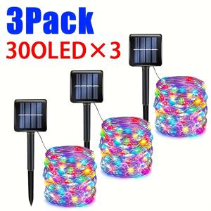 TEMU 300개 LED를 갖춘 3개 세트의 태양광 스트링 조명. 8가지 다양한 조명 모드가 특징입니다. 이 구리 와이어 요정 조명은 태양광 패널이 포함되어 있으며 정원, 파티오 및 나무 장식에 적합합니다. 야외 분위기를 연출하는 데 이상적입니다.