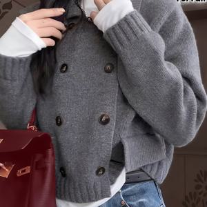 TEMU 여성을 위한 독특한 빈티지 고품질 숏 가디건. 심플한 회색 컬러의 더블 브레스트 디자인으로, 가을 착용에 완벽하며, 캐주얼, 포멀한 행사, 또는 여행에 적합합니다.|가디건|반팔니트