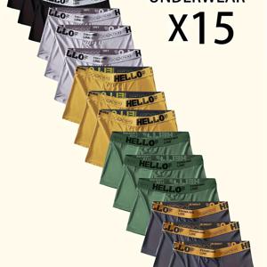 TEMU 남성용 단색 드로즈 15매 세트, 부드럽고 통기성이 좋음, 'HELLO' 텍스트가 있는 탄성 허리 밴드, 다양한 색상으로 제공, 편안한 원단으로 제작되어 하루 종일 착용 가능, 세탁기 사용 가능.|반바지|남자반바지|남성반바지
