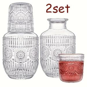 TEMU 스타일리시 유리 침대 옆 카라멜 롤링 세트 - 장식용 잎무늬 물병과 유리 뚜껑, 컵 포함, 침실/사무실/욕실용 내구성 있는 투명 유리 - 현대적인 홈 데코용 음료 용기, 사무실 필수품, 고급 음료 용기, 직장인에게 완벽한 선물