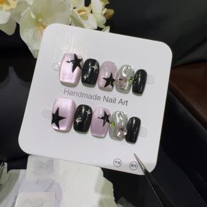 TEMU 10개입 수제 숏 스퀘어 캣아이 별모양 인조네일, 라인스톤 & 광택 - 반짝이는 네일 패치, 파티, 웨딩, 프롬, 발렌타인데이 적합 - 간편 착용