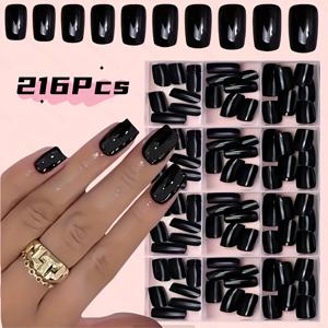 TEMU 216개 세트, 반짝이는 블랙 사각형 프레스온 네일, 중간 길이, 완벽한 덮개 접착식 인조 네일, 단색 인조 네일 (매니큐어용), 여성 및 네일 액세서리에 적합.