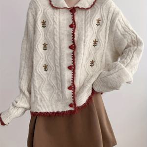 TEMU 일본 스타일 귀여운 한국 겨울 가디건 재킷 - 부드러운 플러시 칼라 & 꽃 장식, 버튼 프론트 코트 대조 트림, 가을/겨울용 포근한 스웨터 (가슴 패딩 없음)