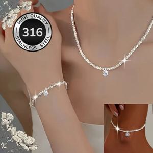 TEMU 316L 스테인리스 스틸 인터로킹 링크 목걸이, 팔찌 & 발찌 세트 - 헤비듀티 사계절용 인터로킹 루프 디자인, 클리어 비즈 악센트 & 인터로킹 클라스프, 우아한 인터링크드 루프 시스템, 여성을 위한 섬세한 인터로킹 주얼리 세트 (생일/발렌타인데이/기념일 선물) - 저자극성 & 변색 방지, 도금 불필요, 사계절 착용 가능, 인터로킹 링크