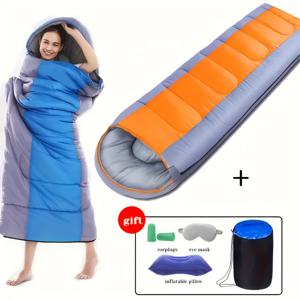 TEMU 침낭 + 눈가리개 + 귀마개 + 사각 베개 세트 / 겨울용 두꺼운 후드 따뜻한 침낭 / 야외 성인 캠핑 따뜻한 침낭 / 세탁기 사용 가능 / 편리하고 편안함|마스크