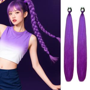 TEMU MERISIHAIR 여성용 파스텔 퍼플-핑크 그라데이션 롱 포니테일 가발, 땋은 합성 머리 - 탄성 포니테일 클립인/클립온 헤어피스, 애니메이션, K-Pop, 파티용 (접착제/봉제 필요 없음)
