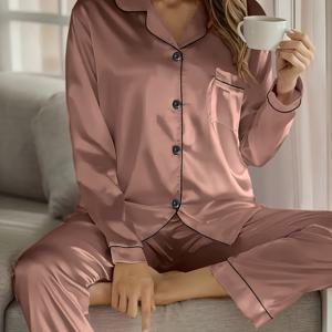 TEMU 여성용 새틴 캐주얼 편안한 1세트 2피스 파자마 세트, 턴다운 칼라 긴팔 상의 & 밴딩 허리 긴바지 여성 파자마 세트
