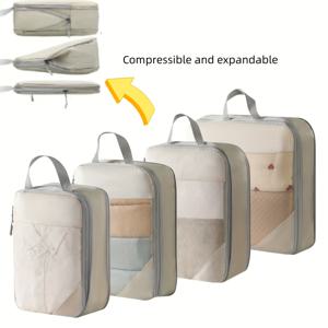TEMU 4pcs 패션 여행용 압축 포장 세트, 메쉬 가시성 포함, 대용량 가방으로 의류, 신발, 속옷 수납 가능, 출장 및 수하물, 의류, 양말, 화장품, 세면도구 등에 적합, 내구성 있는 폴리에스터 소재, 매끄러운 무지 디자인, 직선 바퀴, 다목적 경량 휴대용