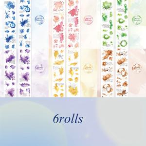 TEMU 6롤 - 7Cm×200Cm 수채화 영어 홀로 염색 테마 와시 테이프, 다이 커팅 없는 자가 접착식, 인스 스타일 소재 베이스 스티커 - 불렛 저널 배경, 휴대폰, 인사말 카드, 컵, 핸드북, 프레임 장식에 적합|카드스티커