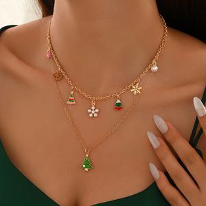 TEMU 1 우아하고 섬세한 크리스마스 여성용 멀티 펜던트 목걸이, 패셔너블한 크리스마스 트리 눈꽃 모조 진주 이중 레이어 디자인 가슴뼈, 데일리 캐주얼 축하 선물 액세서리
