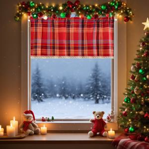 TEMU 1개 크리스마스 빈티지 레드 체크 레이스 커튼, 로맨틱 분위기 장식 파티션 짧은 커튼, 다이닝 룸 주방 카페 문에 적합|커튼봉