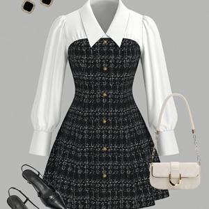 TEMU 플러스 사이즈, 여성용 우아한 프렌치 스타일 버튼 A라인 드레스 - 그리드 패턴 & 소매 포함 - 무릎 길이 숏/롱 드레스 (웨딩 리셉션, 파티, 비즈니스 이벤트용) - 세탁기 사용 가능 봄/가을 이브닝 아웃핏|가을원피스