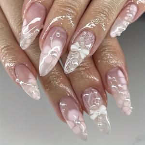 TEMU 24개 글리터 핑크 옴브레 인조 손톱 | 롱 아몬드 쉐입, 풀 커버 3D 플라워 디자인, 리본, 나비 아트 - 내구성, 재사용 가능 여성용 - 웨딩, 휴가 네일