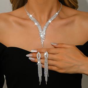 TEMU 우아한 라인스톤 웨딩 주얼리 세트 | 롱 태슬 귀걸이 및 목걸이, 고급스럽고 우아함, 파티 및 웨딩 행사에 적합, 은도금 구리