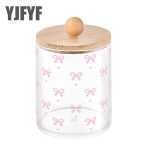 TEMU 1개, 귀여운 핑크 리본과 하트 패턴 면봉/볼/패드 보관함, 나무 뚜껑 디스펜서, 재사용 가능한 욕실 정리함, 욕실 액세서리, 욕실 장식, 홈 데코, 욕실 보관 및 정리, 룸 데코 에스테틱 면봉 홀더, 병