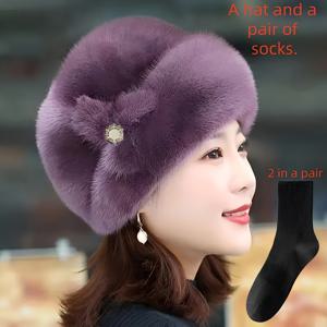 TEMU 2개 세트 (모자 1개 + 양말 1켤레) 신상 엄마 모자 여성용 겨울 인조 밍크 모자 패셔너블 따뜻한 모자 중년 및 노인용 머리띠 모자 트렌드, 겨울 외출에 적합, 엄마를 위한 선물|모자