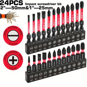 TEMU 24종 S2 강철 HRC 61 자석 드릴 비트 세트 - 헤비듀티 - 내구성 풀 커버리지 (S2-) 크로스/플랫/필립스 비트 포함, 파우더 코팅 블랙 베이스 & 자석 홀더 (전동 공구용)