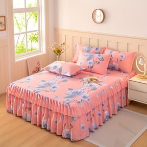 TEMU 3pcs 공주풍 핑크 플로럴 프린트 침대 스커트 세트, 침대 스커트 1개 + 베갯잇 2개 (베갯잇 속통 미포함), 미끄럼 방지 S자 레이스 침대 커버, 부드럽고 편안함, 타이업 스타일, 플리츠 스커트, 쉬운 탈부착을 위한 매트리스 커버 보호대