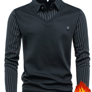 TEMU 두꺼운 따뜻한 스플라이스 인조 투피스 긴팔 폴로 셔츠가 특징인 새로운 가을/겨울 남성 의류. 레터 라인 스타일의 라인스톤 장식으로 스타일리시하며 비즈니스 캐주얼 복장에 완벽합니다. 남자친구 선물로도 적합합니다.