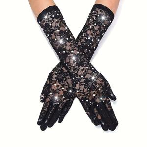TEMU 2개/1쌍 블랙 레이스 패턴 스톤 장식 통기성 장갑 - 프로미, 이브닝 파티, 오페라, 티 파티, 콘서트, 페스티벌, 나이트클럽 패션 파티, 롤플레잉, 고딕 웨딩, 칵테일 파티용, 이브닝 파티 장갑,우아한 이브닝 웨어,고딕 웨딩 스타일,자수 디테일,정장용 ,패션 장갑,신부 파티