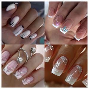 TEMU 96개 웨어러블 네일 스티커 - 사각 미디엄 길이 인조 손톱 - 혼합 색상 탈착식 광택 인조 손톱, 재사용 가능, 스타일리시한 룩 연출