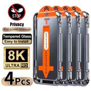 TEMU 아이폰 17 프로 맥스/17 에어/16 프로 맥스/15 프로/17/16/15/14/13/12/11/16e/플러스/미니/X/XR/XS 맥스/7/8/SE2/SE3용 4pcs 풀커버 프라이버시 강화유리 보호필름, 9H+ 경도, 울트라 HD, 스크래치 방지, 지문 방지, 쉬운 설치, 도청 방지