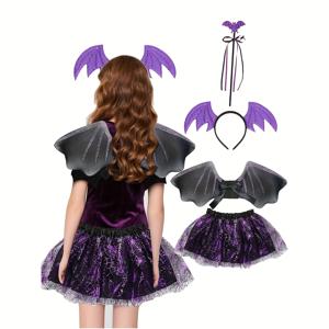 TEMU 4개 세트 '마법사 & 마녀 코스튬 세트 - 반짝이는 보라색 날개, 마법봉, 티아라 & 러플 드레스 - 할로윈, 역할놀이, 드레스업 액세서리용 반짝이는 파티 의상 (세탁 가능 - 실제 세탁 아님)