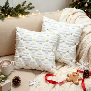 TEMU 1개 3D 화이트 크리스마스 트리 자수 별 무늬 쿠션 커버, 18x18인치, 북유럽 럭셔리 장식 쿠션 커버 (소파, 거실, 침실 겨울 홈 데코레이션용), 크리스마스 장식, 크리스마스에 최고