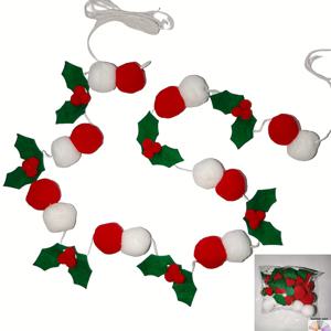 TEMU 부드러운 펠트 홀리 베리 가랜드 - 빨간 & 흰 폼폼, 초록 잎사귀 & 베리 장식 - 크리스마스 트리, 벽난로, 계단용 쉬운 DIY 와이어 가랜드 - 펠트 크리스마스 장식 (전기 불필요) - 실외 휴일 파티 데코