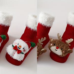 TEMU 2켤레 아동용 크리스마스 양말 | 남녀공용 아기 양말, 남아 여아용 미드-카프 및 롱 양말, 니트 원단, 손세탁만 가능, 사슴, 눈사람, 디자인