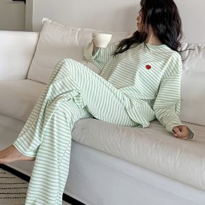 TEMU 여성용 우아한 사과 자수 파자마 세트, 여성용 루즈핏 라운드넥 긴팔 티셔츠 상의와 팬츠, 디테일 프린트, 폴리에스터 혼방 신축성 원단, 세탁기 사용 가능, 사계절 외출용 여성 파자마 및 홈웨어