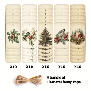 TEMU 빈티지 크리스마스 선물 태그 50개 세트 - 대마 로프 포함, 러스틱 산타 & 홀리 리프 라벨, 갈색/빨간색/초록색 종이 행태그, DIY 선물 포장, 트리 장식, 파티 선물, 생일, 새해 & 크리스마스 선물용 - 섬유 끈 라벨