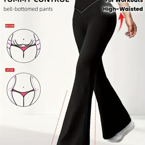 TEMU 여성용 하이웨이스트 복부 컨트롤 벨바텀 카프리 팬츠 - 복부 트리머 벨트 스타일 허리밴드, 와이드 레그 플레어 밑단, 산후용 및 캐주얼 웨어, 사계절용 팬츠 (세탁기 사용 가능)