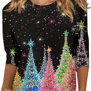 TEMU 크리스마스 여성 패션 3/4 소매 루즈 베이직 셔츠 라운드넥 칠팔소매 캐주얼 티셔츠