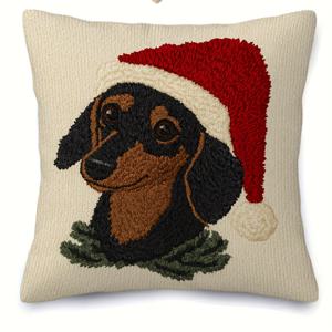 TEMU 1개 빈티지 닥스훈트 크리스마스 베개커버 - 산타모자와 홀리잎 디자인, 퀼팅 쿠션 커버, 지퍼포함, 세탁기 사용 가능한 부드러운 소재, 소파, 침대, 좌석용 - 강아지 애호가 선물 (베개 미포함)