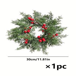 TEMU 1개 인공 홀리 베리 캔들 링 리스 - 리얼리스틱 소나무 이파리 & 빨간 베리, 인조 홀리 베리, 크리스마스, 웨딩, 새해, 휴일 장식용 캔들 홀더 센터피스 - 홈용 그린리 가랜드