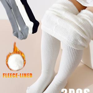 TEMU 3팩 여아용 두꺼운 플리스 안감 타이츠, 영어 세탁 라벨, 클래식 솔리드 컬러 팬티스타킹 블랙/화이트/그레이