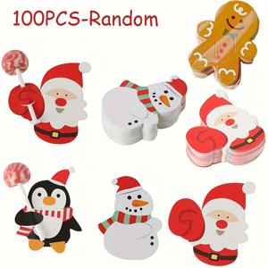 TEMU 100개 크리스마스 롤리팝 카드 (샌타, 펭귄, 징글베어, 눈사람 디자인), 빨간색과 흰색 체크 무늬 리본 장식. 휴일 선물, 파티 답례품, 교실 교환, 크리스마스 장식에 적합합니다.
