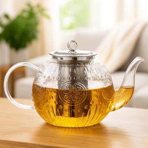 TEMU BANDESUN 빈티지 티포트 - 내열성 붕규산 유리 주전자, 분리형 인퓨저 포함, 스토브 사용 가능, 우아한 플로럴 디자인, 잎사귀 및 티백 모두 사용 가능, 가정, 사무실 또는 선물용으로 완벽 - 크리스마스, 추수감사절, 부활절에 이상적