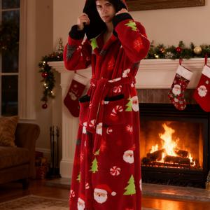 TEMU 남성용 겨울 따뜻한 가운 - 두꺼운 후드 목욕가운, 파자마 포켓, 루즈핏 긴팔 잠옷, 스파 및 추운 날씨용 (가을/겨울) - 세탁기 사용 가능 (비가운)