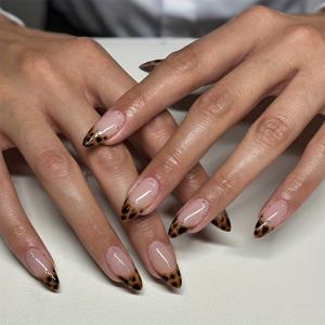 TEMU 24개입 프린트 프레스온 네일 중간 아몬드형 손톱 3D 스틸 비즈 표면 광택 디자인 여성용 가을 프레스온 네일