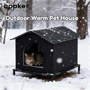TEMU 앱커 신형 블랙 사계절 야외 고양이 하우스 - 옥스포드 원단 및 스탠드 디자인, 접이식, 조립 간편, 부드러운 보온 패드 포함, 야외 고양이 침대 및 소형동물용, 펫 크리스마스 침대, 겨울 노숙 고양이, 눈과 비에 견디는 야외 고양이 침대
