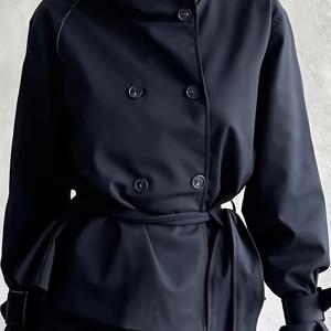 TEMU 우아한 여성용 블랙 활용도 높은 허리 슬림핏 벨트형 트렌치코트, 버튼형 하이넥 루즈핏