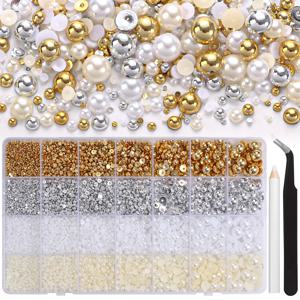 TEMU 공예 장식용 28개 플랫백 반모양 진주, 다양한 사이즈, 골드, 실버, 화이트, 크림 색상, 네일, 얼굴, 눈, 메이크업, 텀블러 및 병 장식에 적합.|스타벅스텀블러|텀블러|네일아트